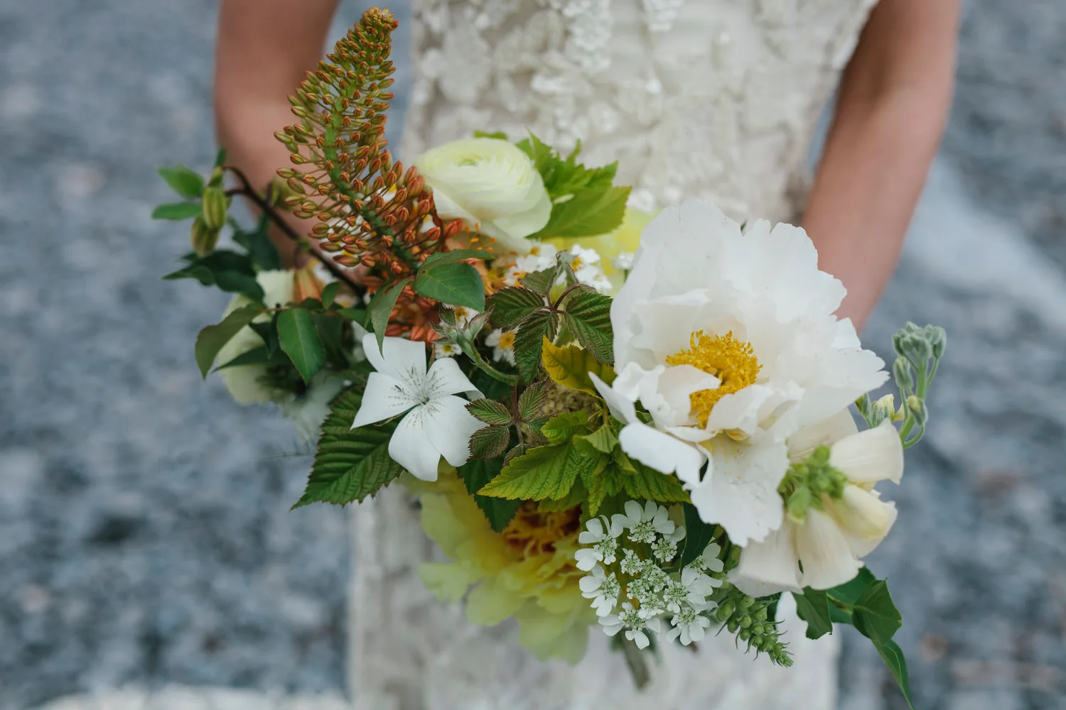 Whimsical wedding bouquet by Floralora, crafted with locally sourced, seasonal flowers from Ontario farms.