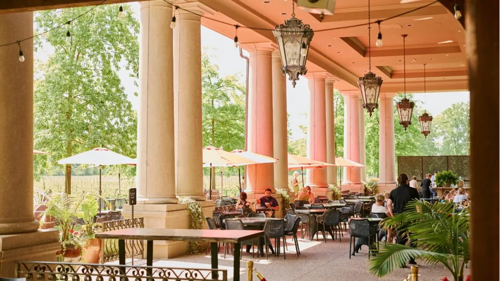 Luxury vineyard wedding at Two Sisters Vineyards with grand ballroom and outdoor terrace.