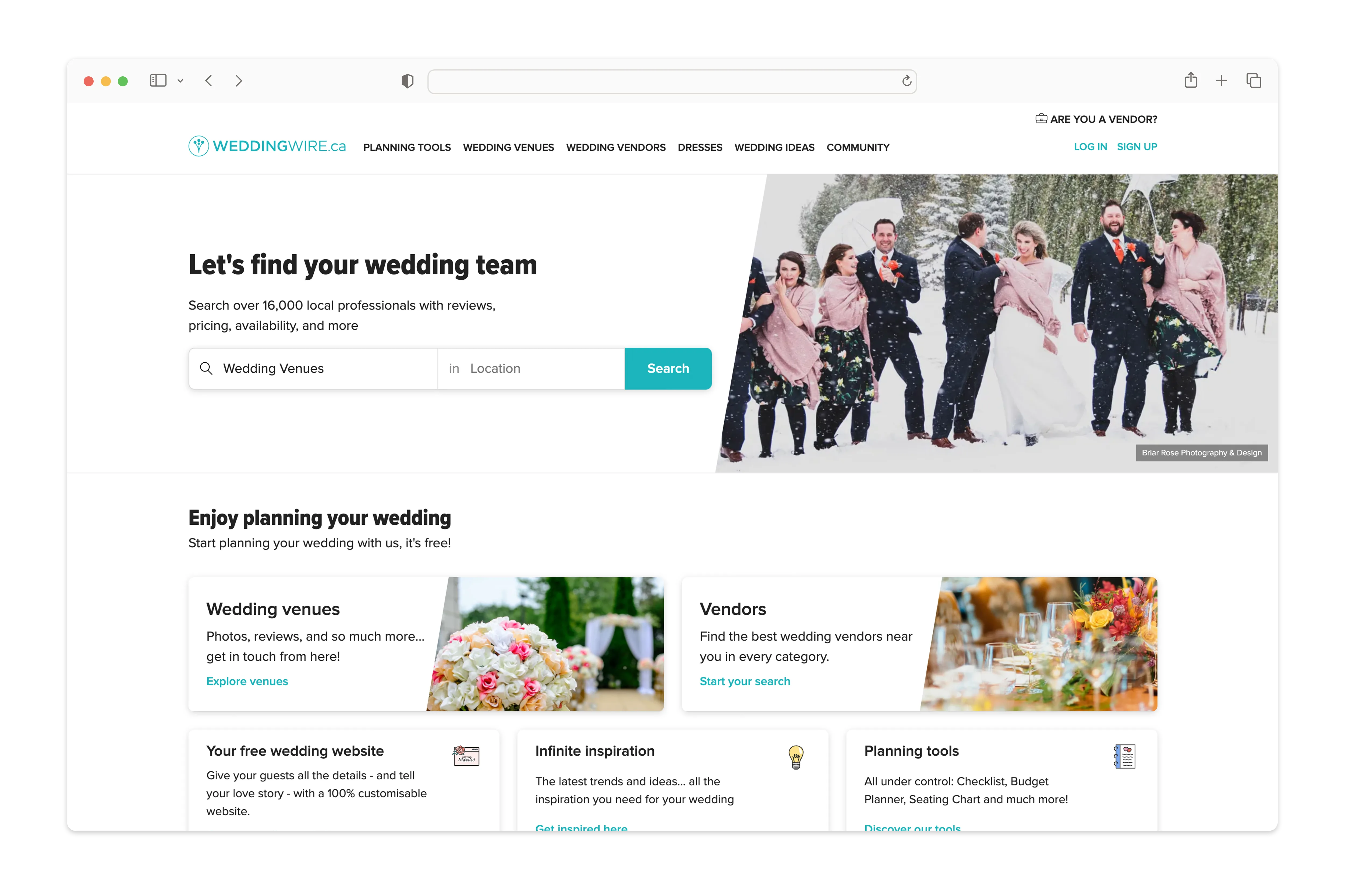 Wedding Wire's vendor search results, demonstrating limited location filtering and a crowded layout with sponsored listings.