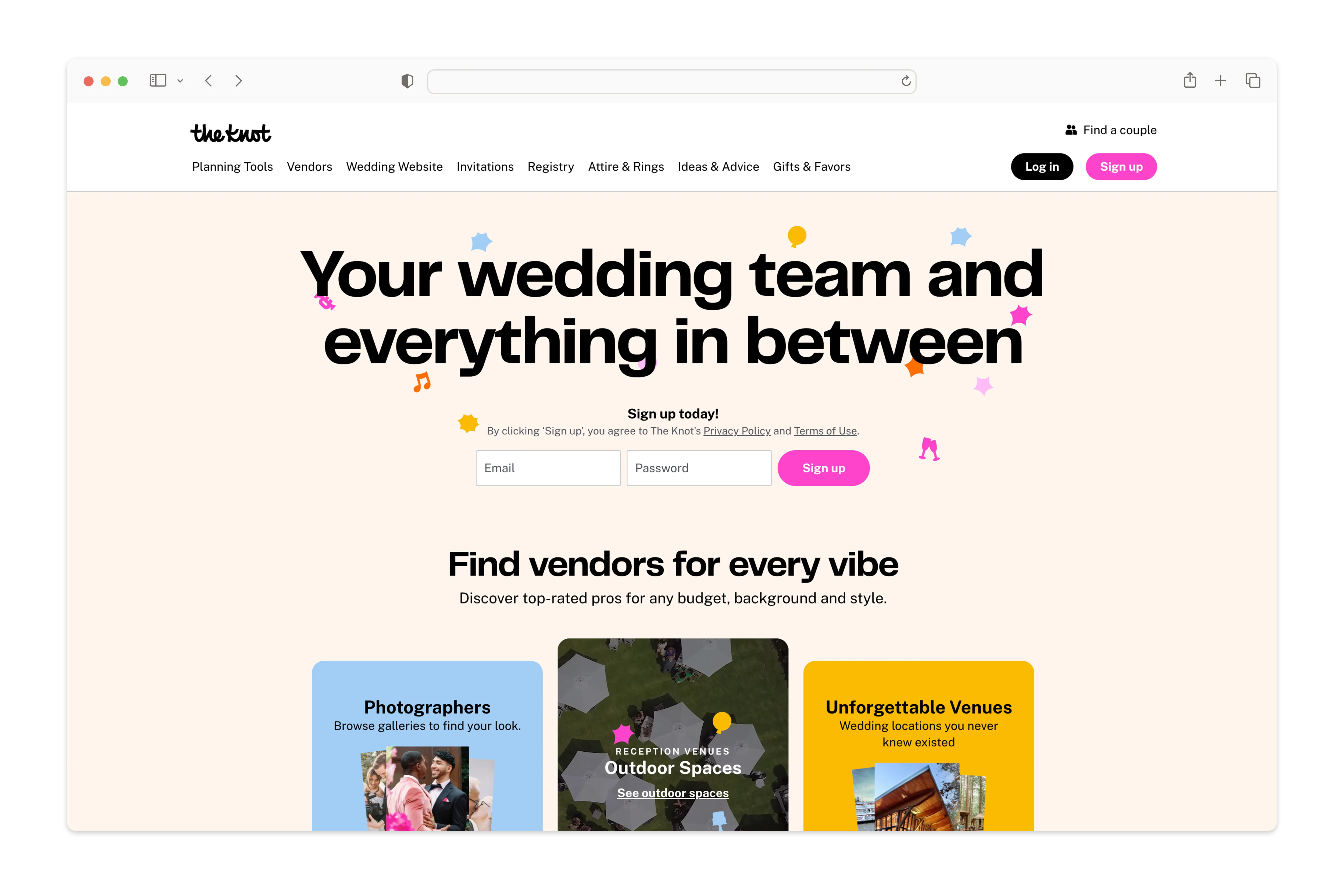 The Knot's vendor profile page featuring ads and a cluttered interface, illustrating limited filtering for Canadian wedding vendors.