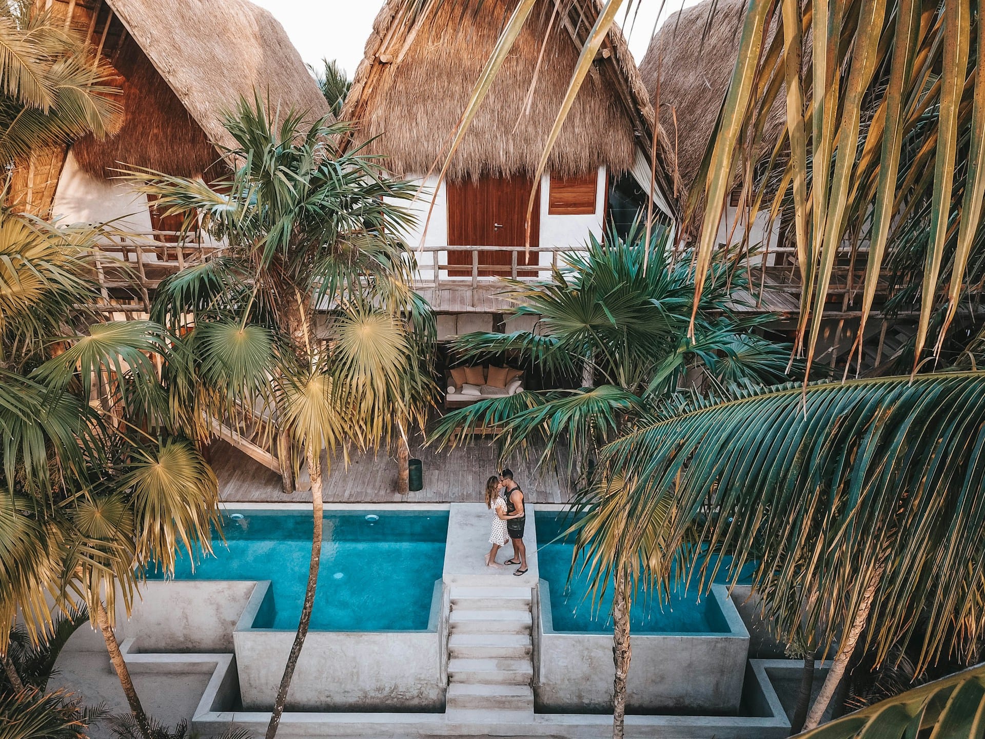 couple kissing at a resort